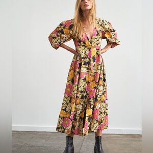 Free People Lydia Printed Midi Dress Flower Floral Boho 70’s Button Down